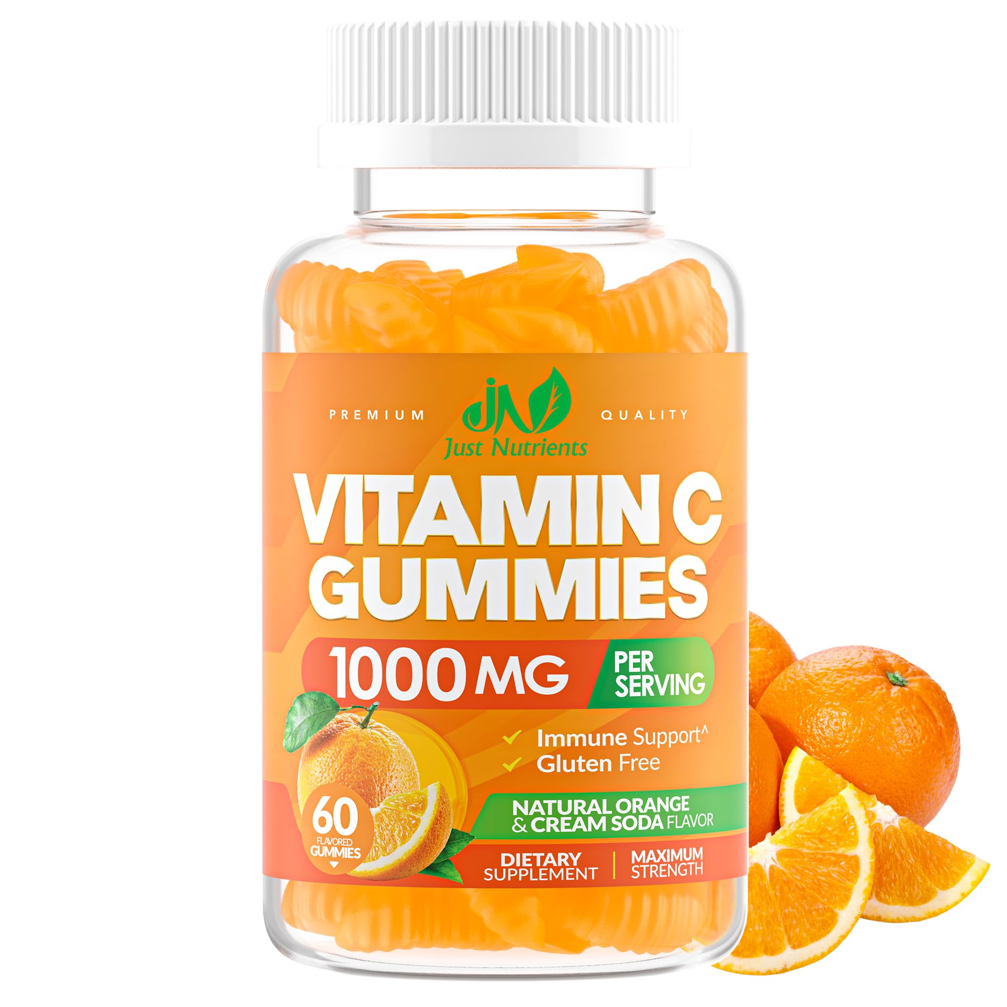 Just Nutrients Vitamin C Gummies bottle with orange flavor for daily immune support.