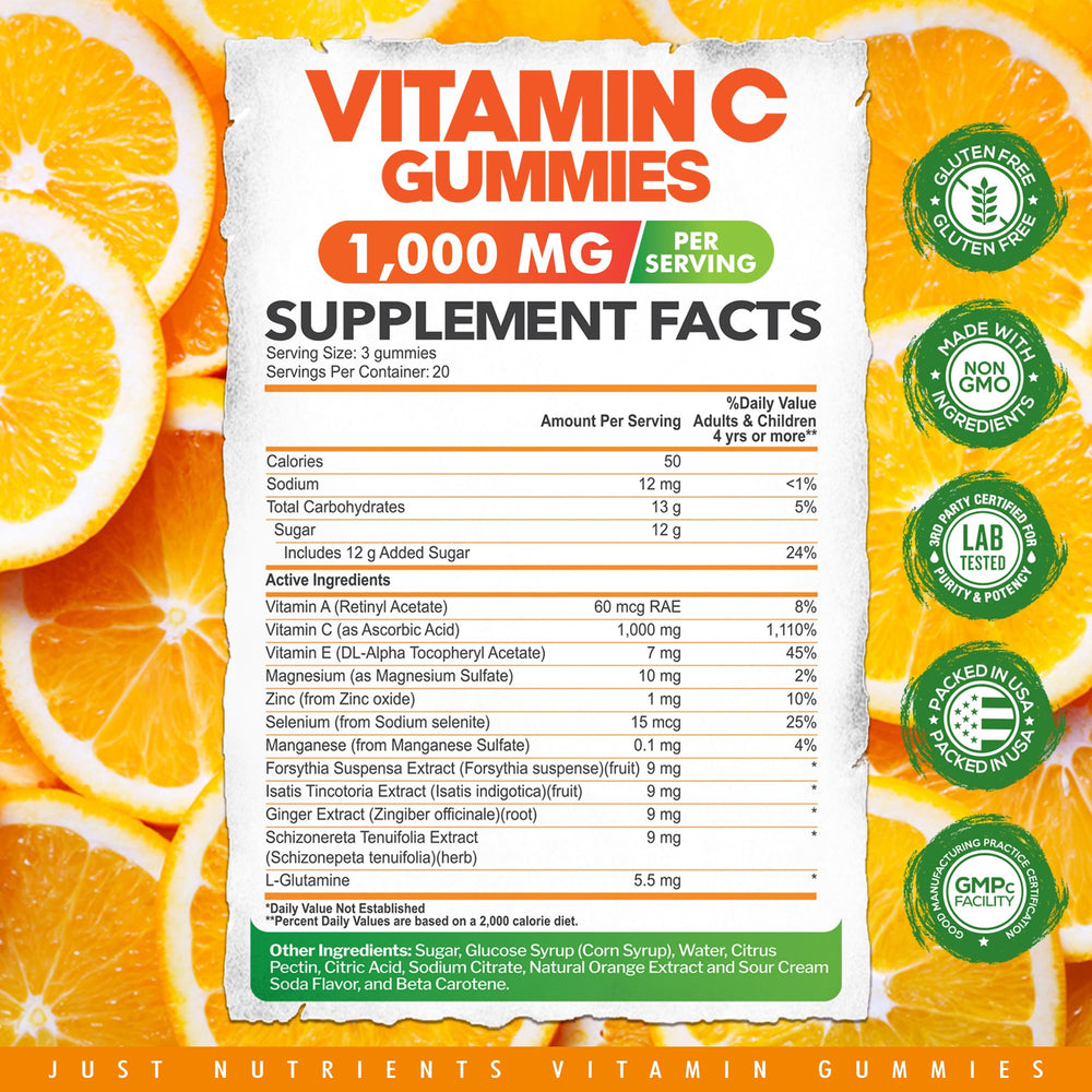 Just Nutrients Vitamin C Gummies closeup of chewy orange gummies for easy daily use.