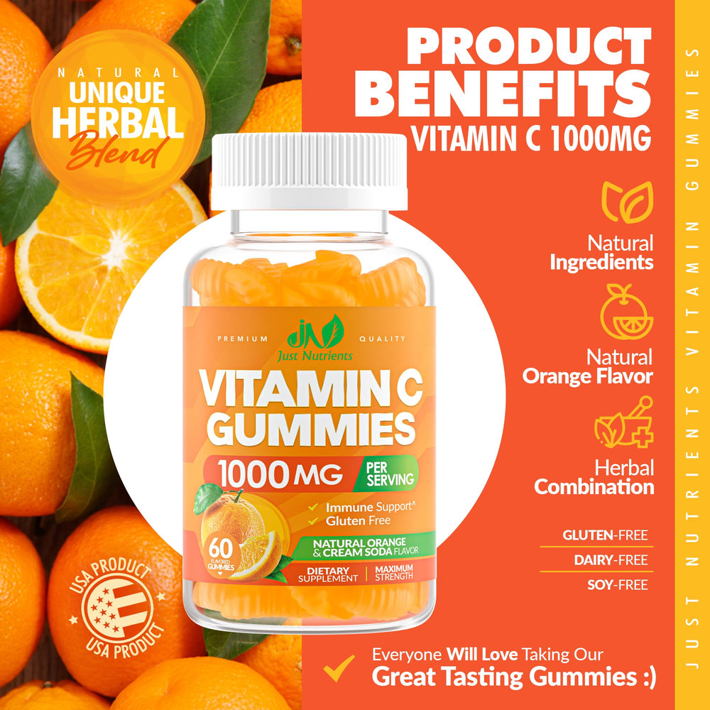 Just Nutrients Vitamin C Gummies ingredients panel with herbal blend for immune support.