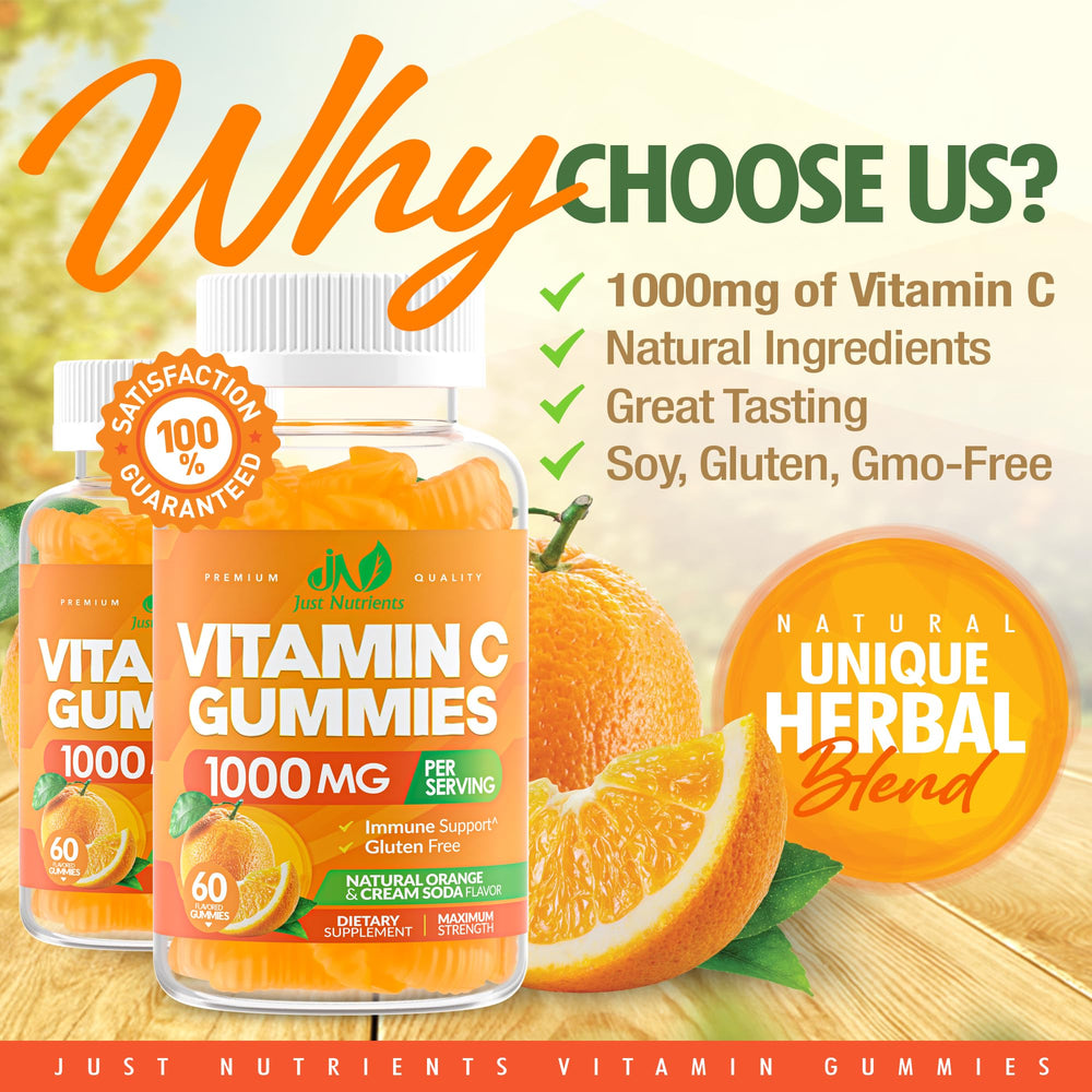 Just Nutrients Vitamin C Gummies packaging front highlighting gluten-free, vegetarian formula.
