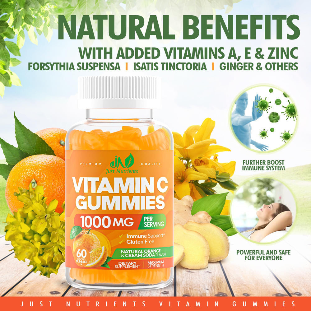Just Nutrients Vitamin C Gummies bright gummies texture for a tangy citrus snack.