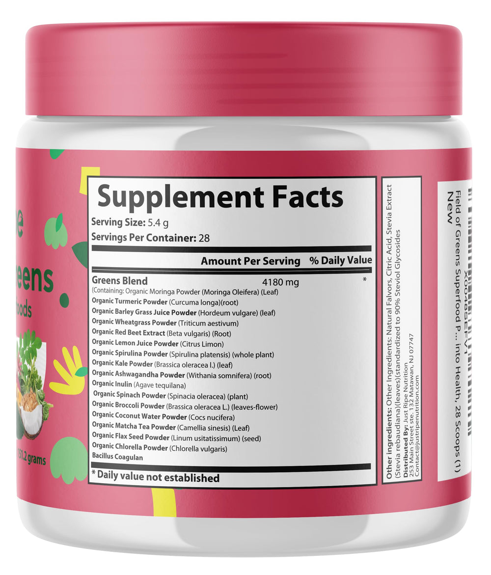Just Ripe Nutrition Field of Greens 28 scoops container for convenient meal addition