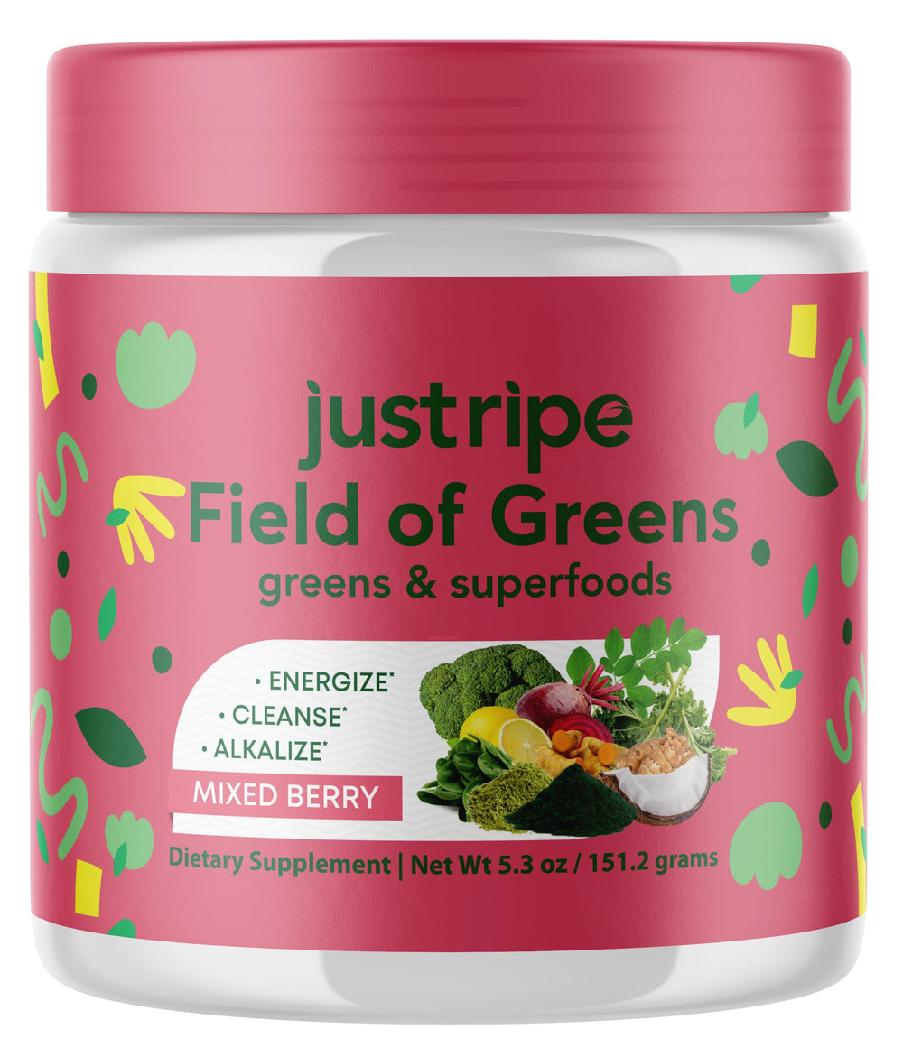 Just Ripe Nutrition Field of Greens bottle with scoop, daily wellness