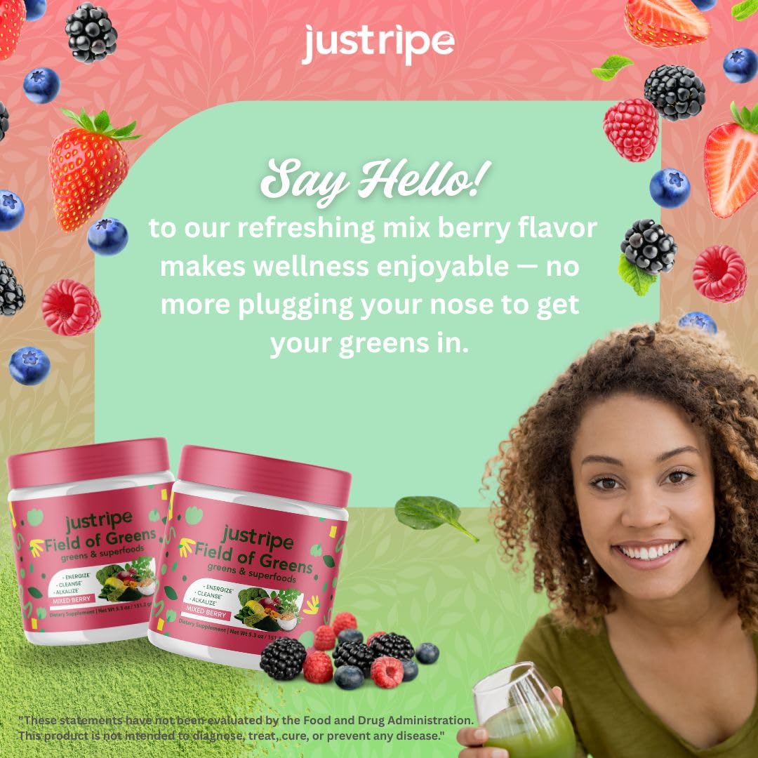 Just Ripe Nutrition Field of Greens flat lay with scoop and berries invites daily use