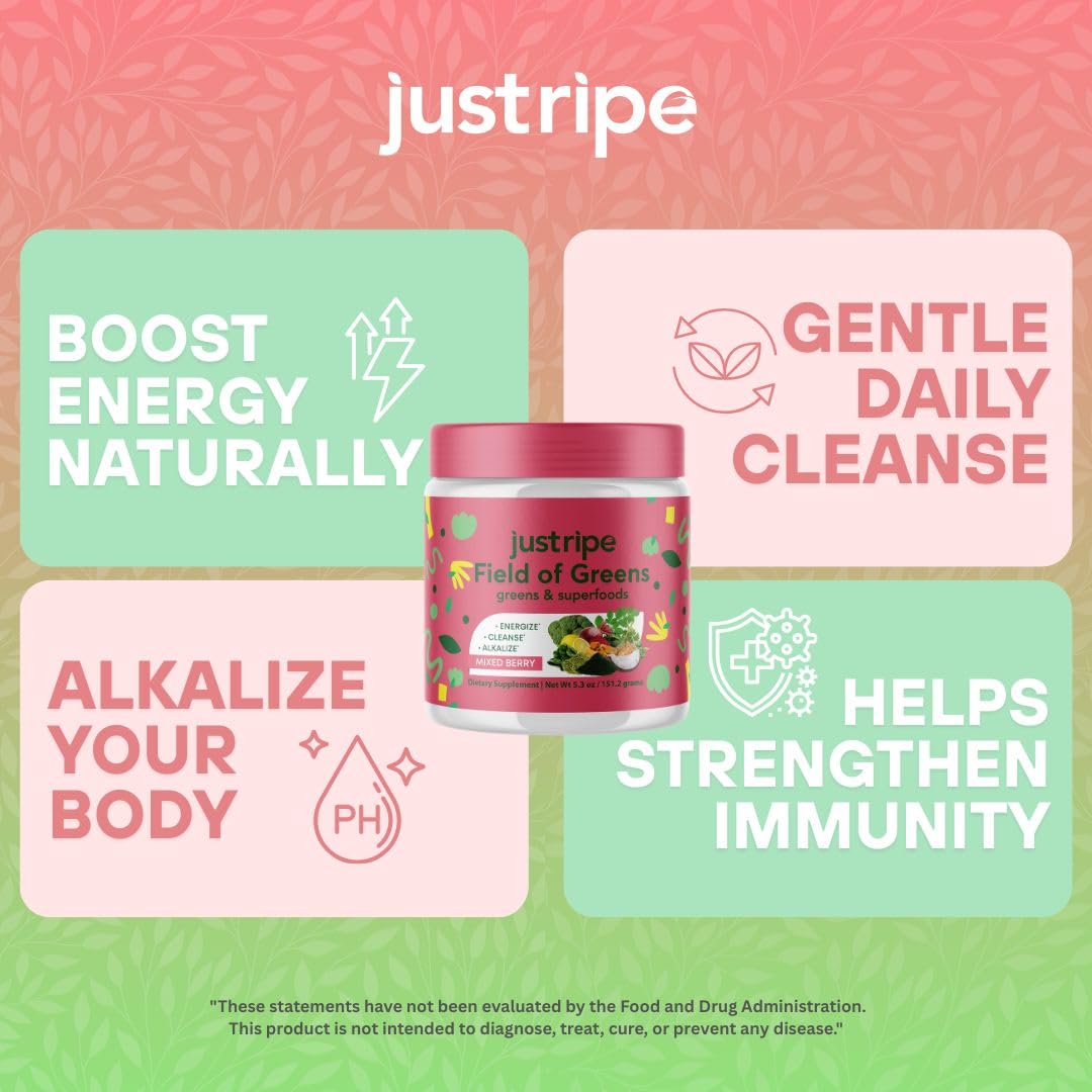 Just Ripe Nutrition Field of Greens mixed berry shake looks vibrant and refreshing