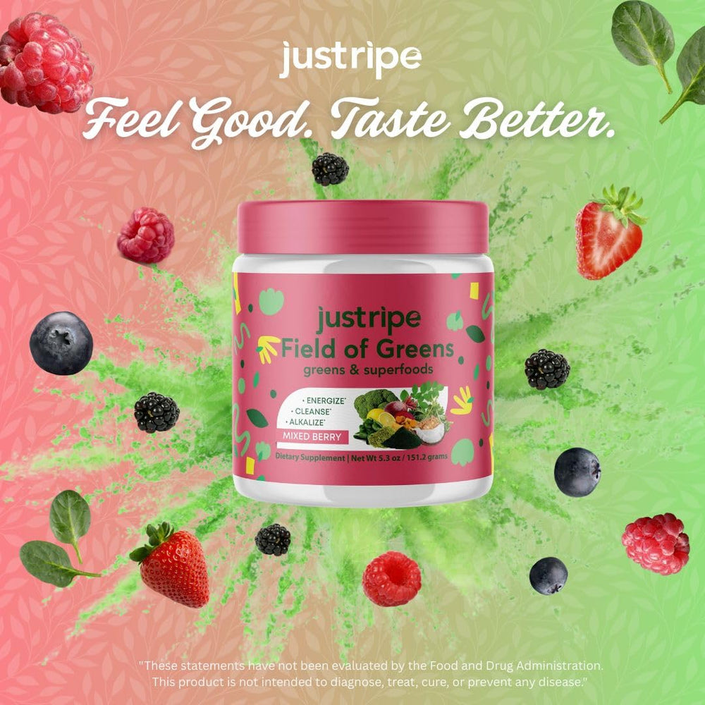 Just Ripe Nutrition Field of Greens powder being poured into a glass for a quick boost