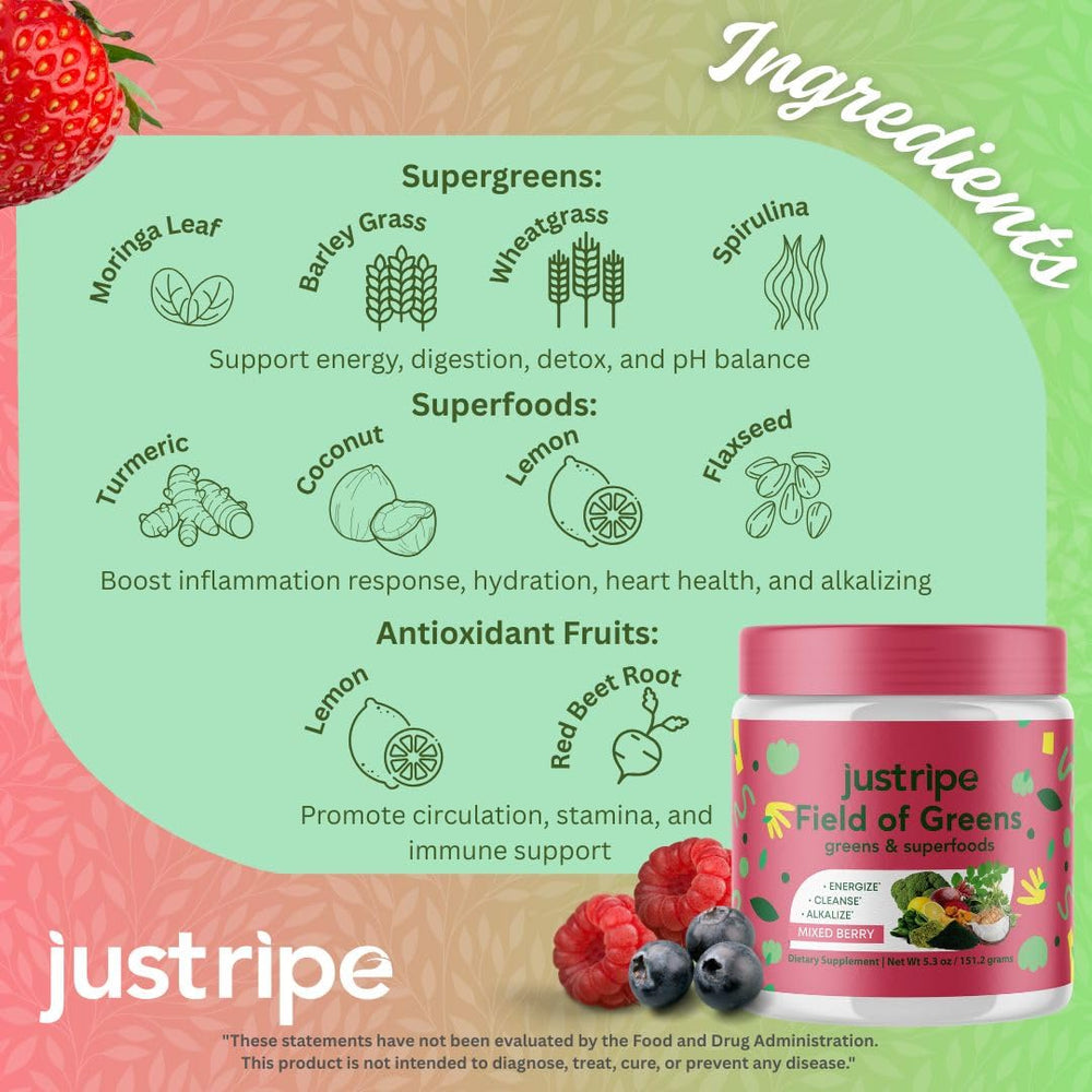 Just Ripe Nutrition Field of Greens with spirulina and beet root for natural color
