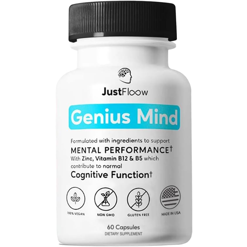JustFloow Genius Mind bottle on desk for focused study sessions.