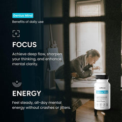 JustFloow Genius Mind bottle beside notebook supports productive sessions.