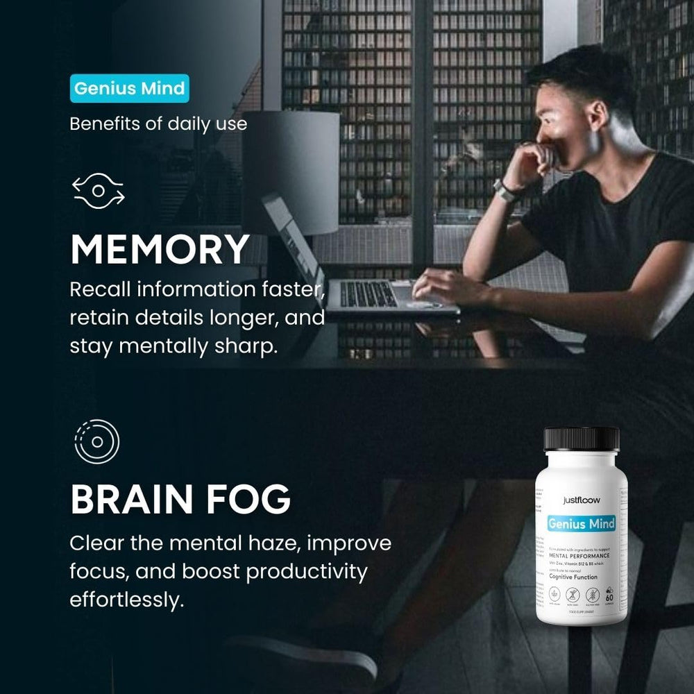 JustFloow Genius Mind packaging highlights Cognisync technology benefits.