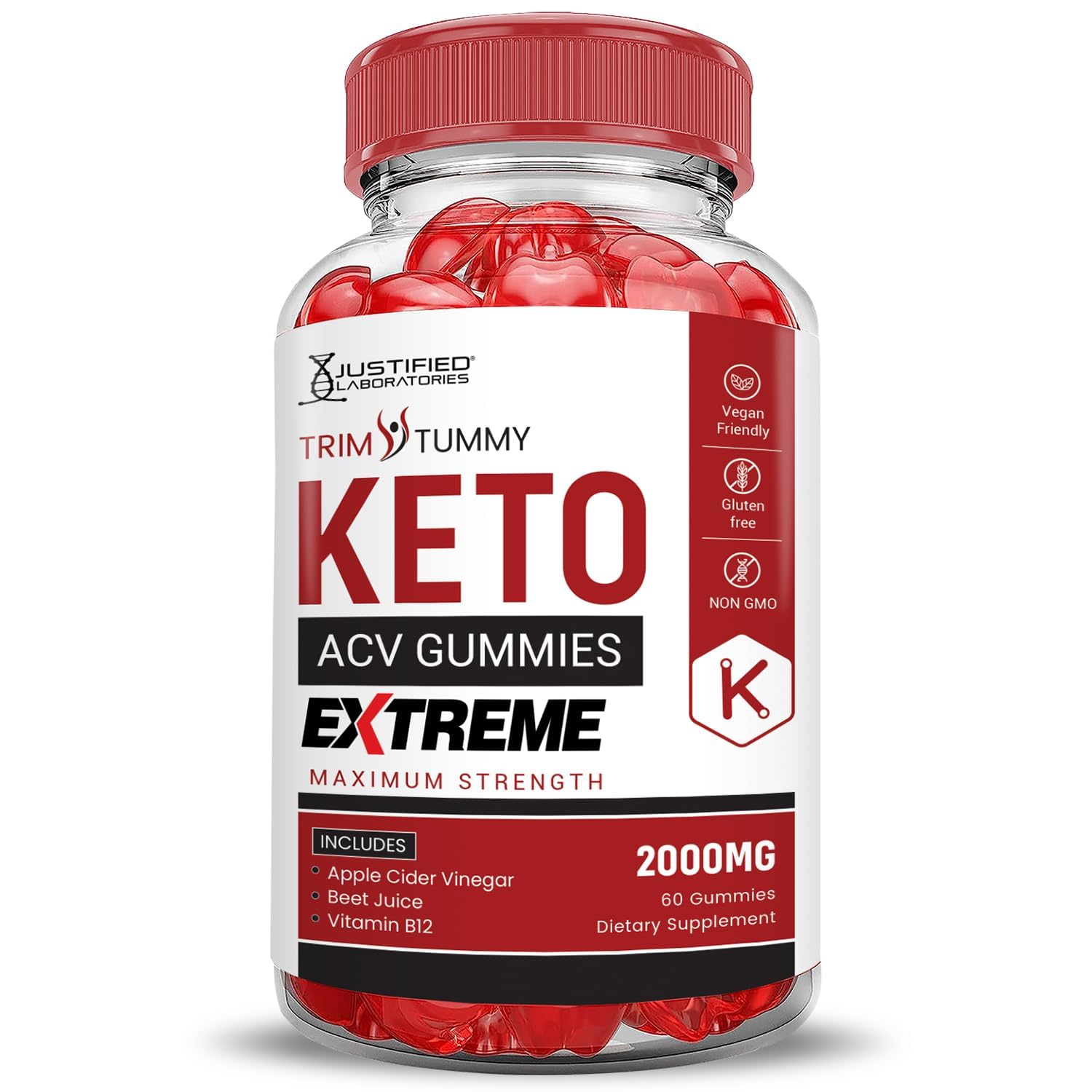 Vegan, gluten-free labeling on Trim Tummy Keto ACV Gummies packaging