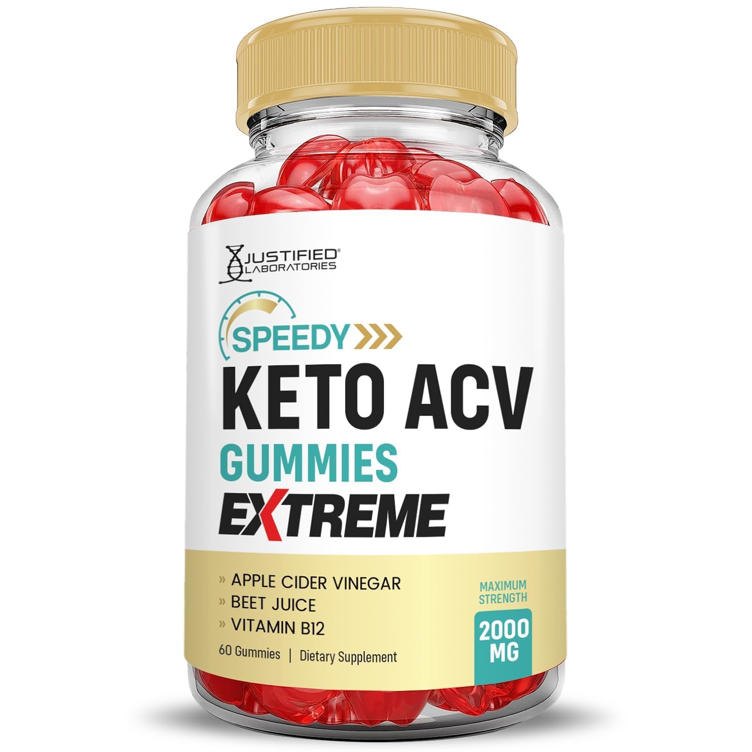 Justified Laboratories Speedy Keto ACV Gummies nutrition facts panel, non-GMO and vegan credentials.