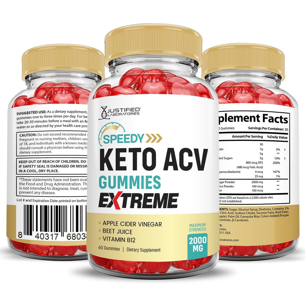 Justified Laboratories Speedy Keto ACV Gummies outer carton with safety certifications and GMP label.