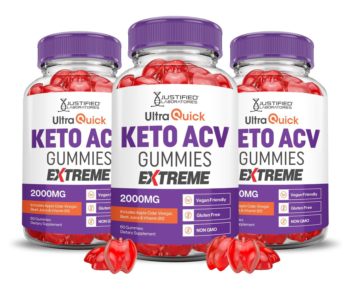 Justified Laboratories Ultra Quick Keto ACV Gummies 3-pack packaging boosts convenience for daily wellness.