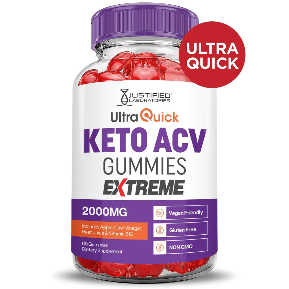 Justified Laboratories Ultra Quick Keto ACV Gummies ingredients panel featuring beet juice and pomegranate