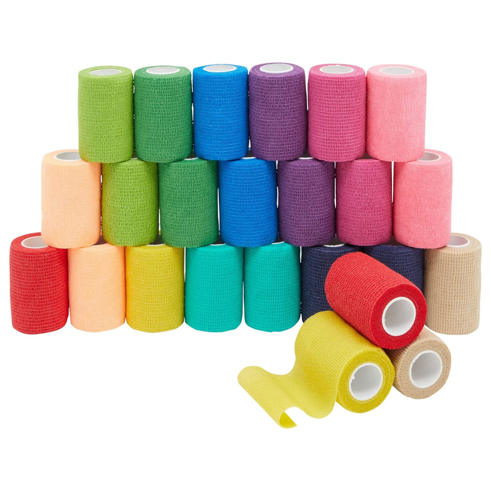 Juvale cohesive wrap packs shown: 24 multicolor rolls for versatile use