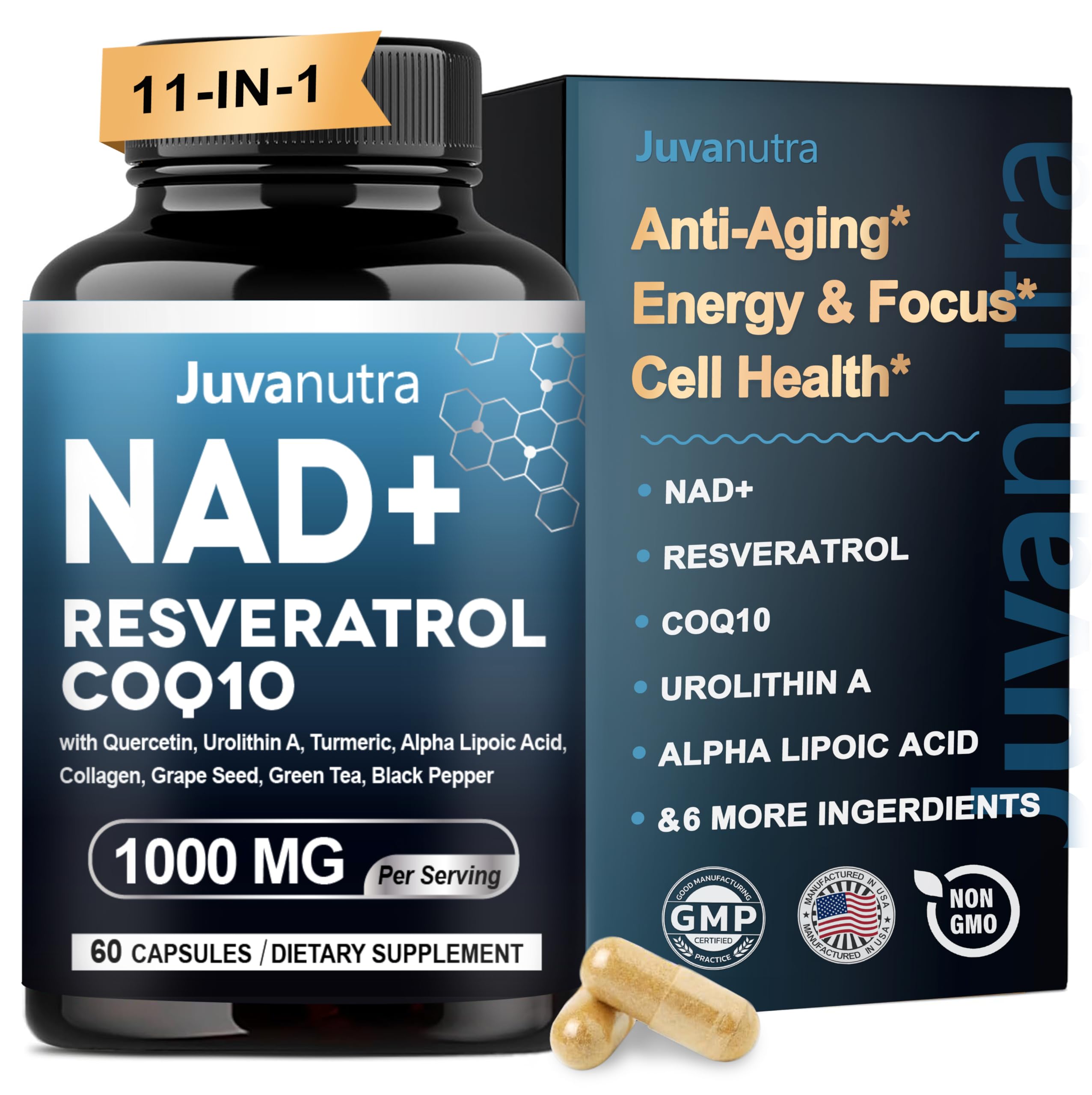 JuvaNutra NAD Supplement 11-in-1 bottle front showing premium packaging for energy support