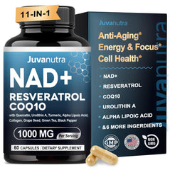 JuvaNutra NAD Supplement 11-in-1 bottle front showing premium packaging for energy support