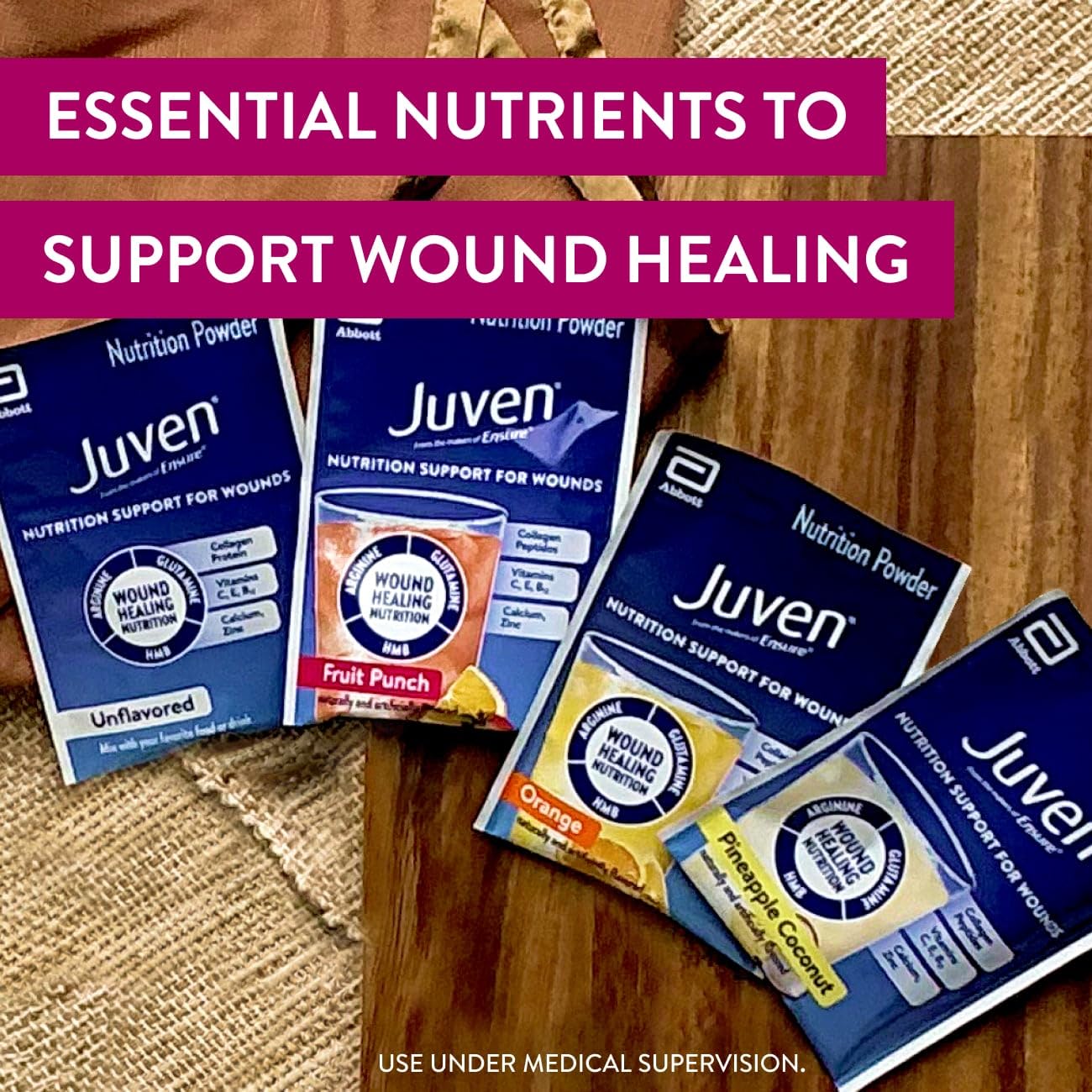 Juven fruit punch powder packets for tasty daily wound support.