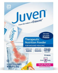 Juven fruit punch packet ready to mix for daily wound-support nutrition.