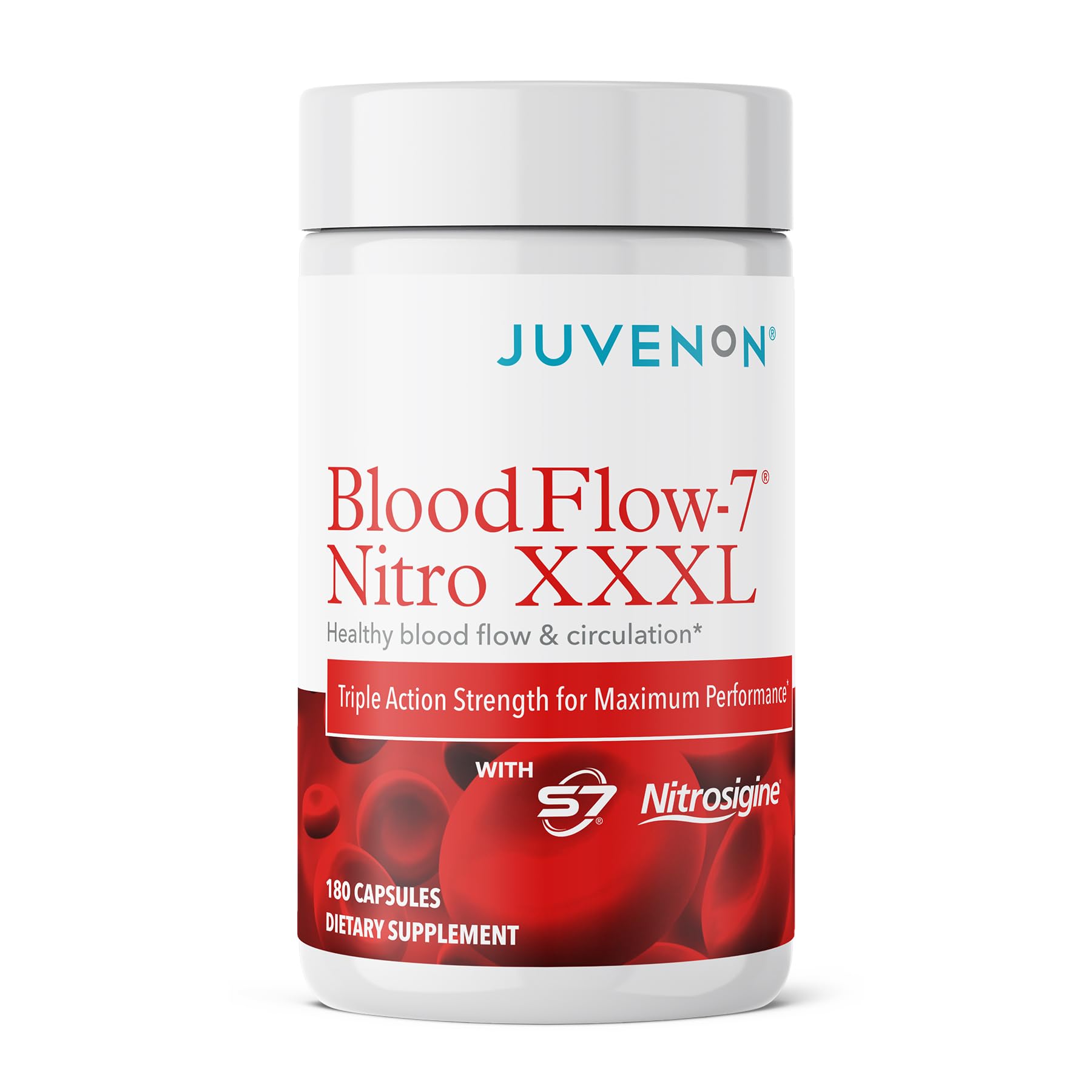 Juvenon BloodFlow-7 bottle front view showing Nitrosigine support for workouts.