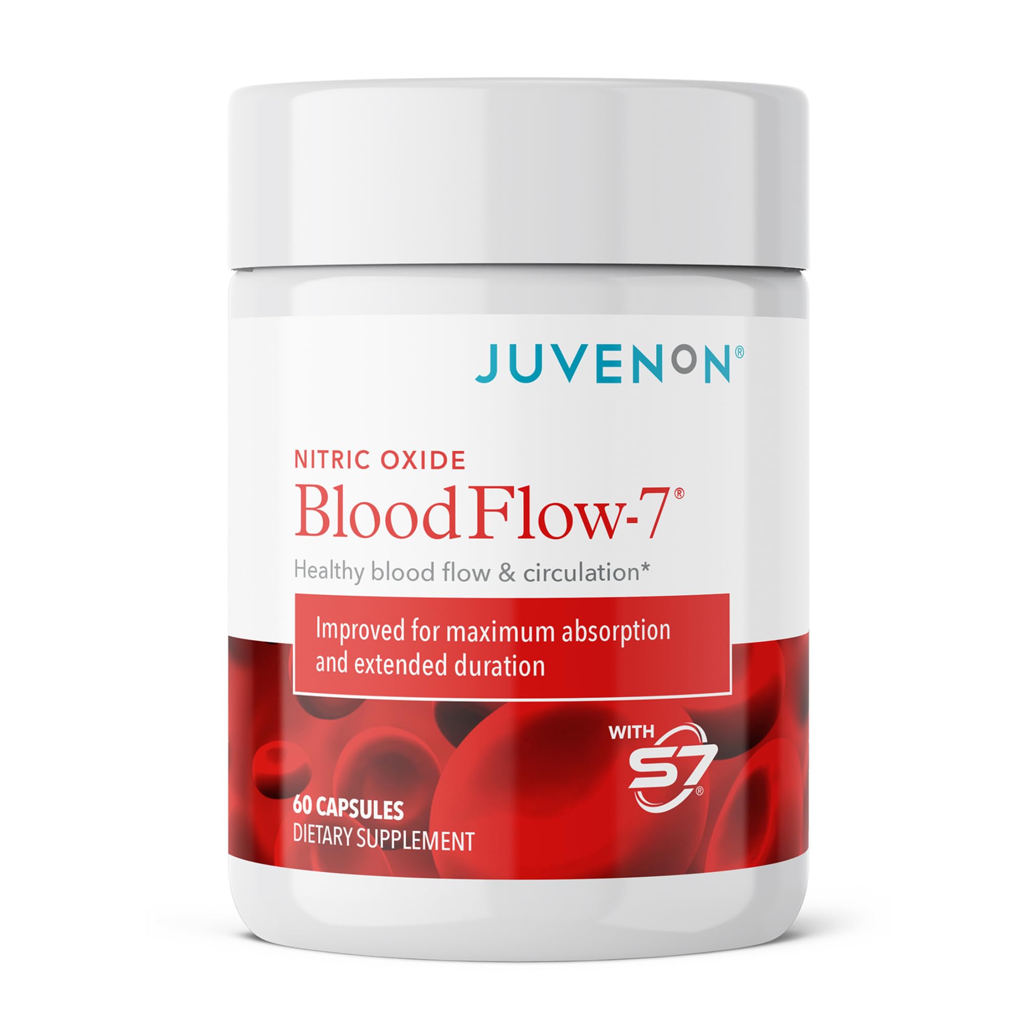 Juvenon BloodFlow-7 bottle with Nitrosigine supports stronger workouts and blood flow