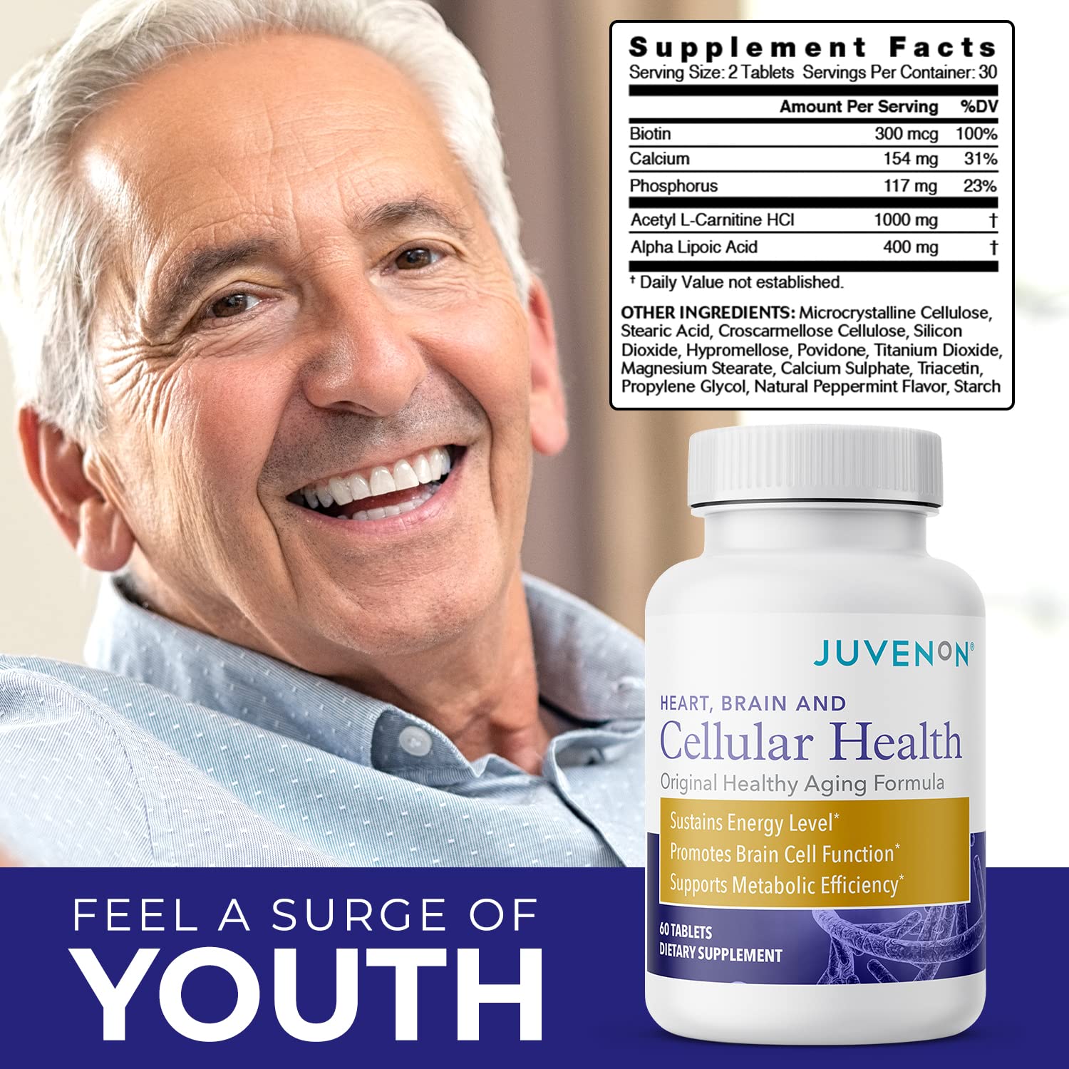 Juvenon Cellular Health bottle in hand suggests convenient everyday use
