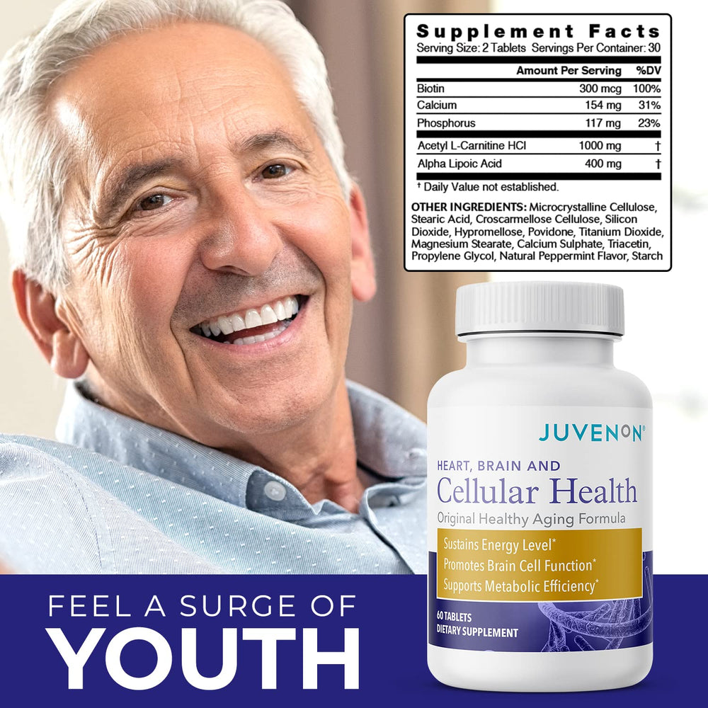 Juvenon Cellular Health bottle in hand suggests convenient everyday use