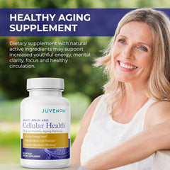 Juvenon Cellular Health label close-up showing natural, soy- and dairy-free formula.