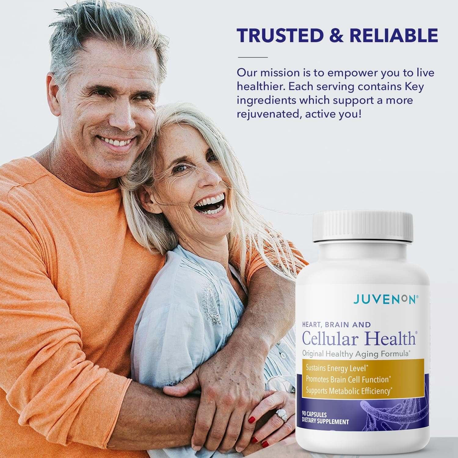 Juvenon Cellular Health bottle beside glass of water during daily routine.