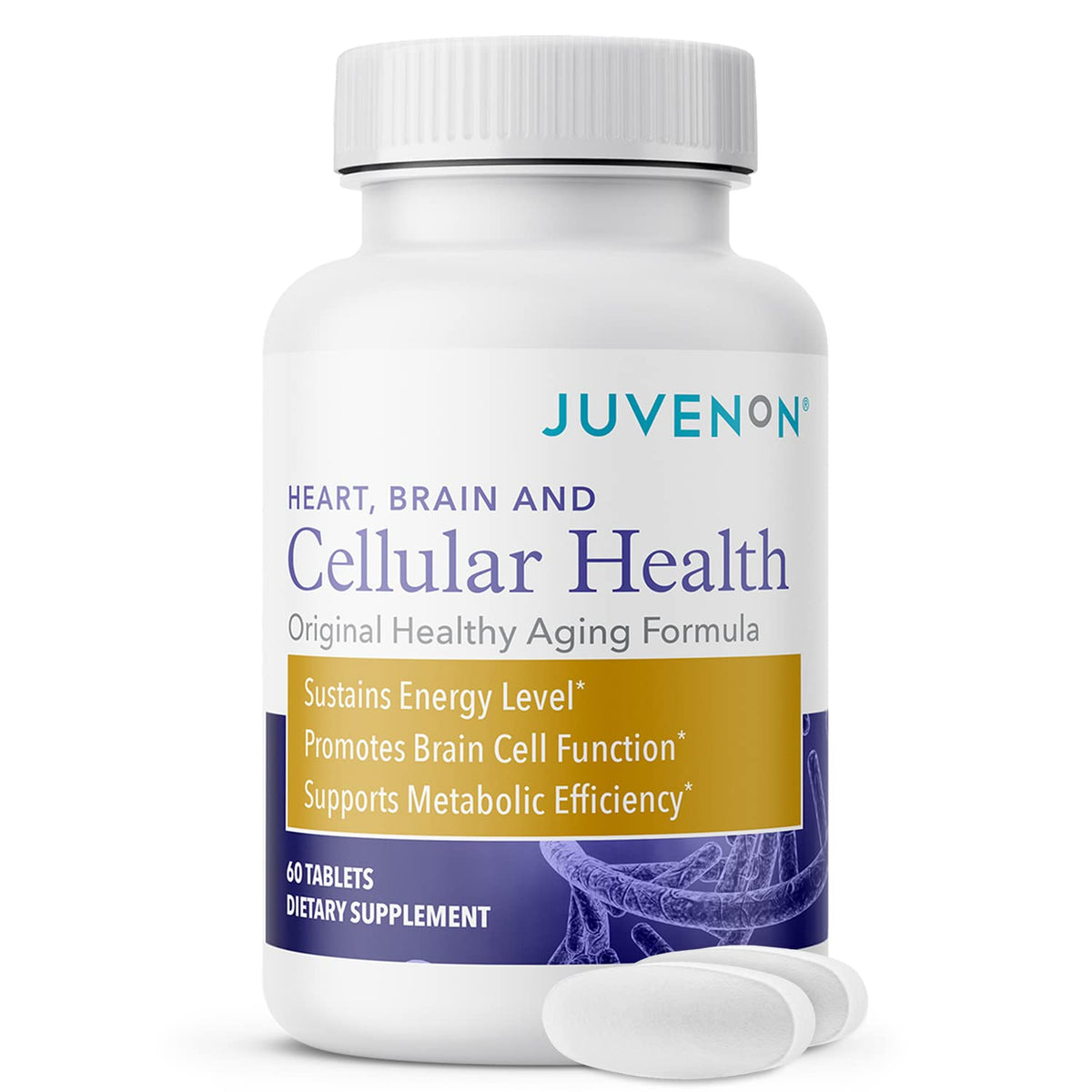 Juvenon Cellular Health heart bottle highlighting energy support for daily activities