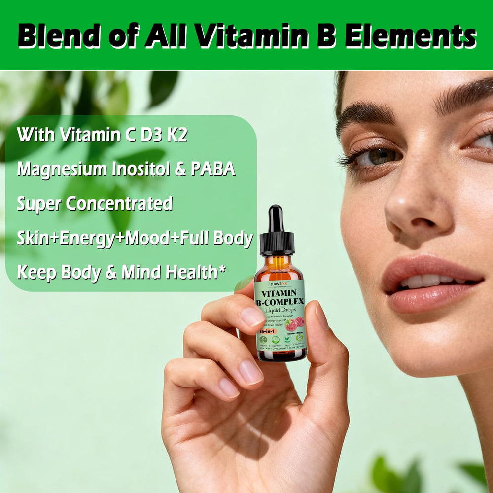 JUIWEFKK Vitamin B Complex liquid drops label highlights 15-in-1 blend