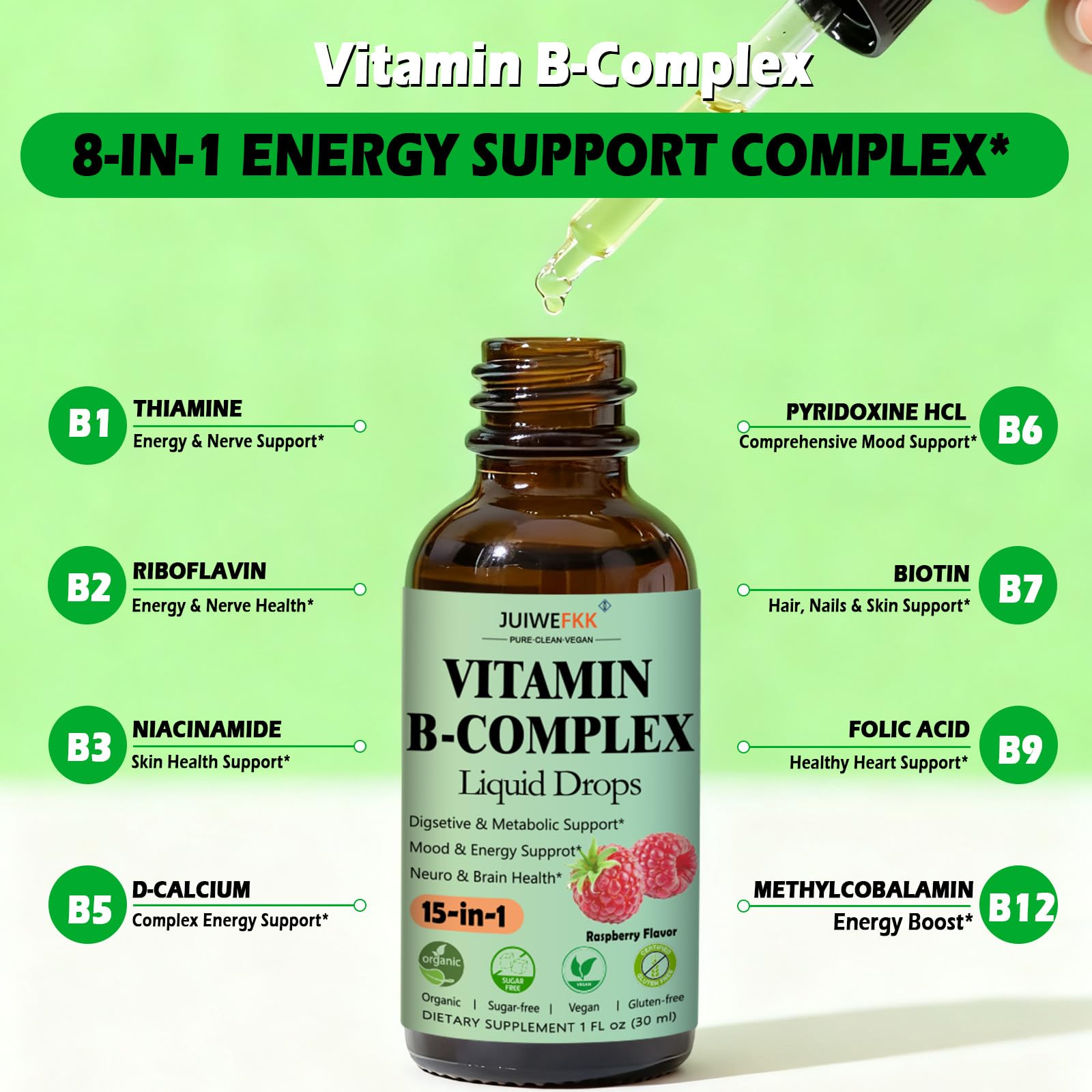 JUIWEFKK Vitamin B Complex liquid drops raspberry flavor boosts absorption and flavor