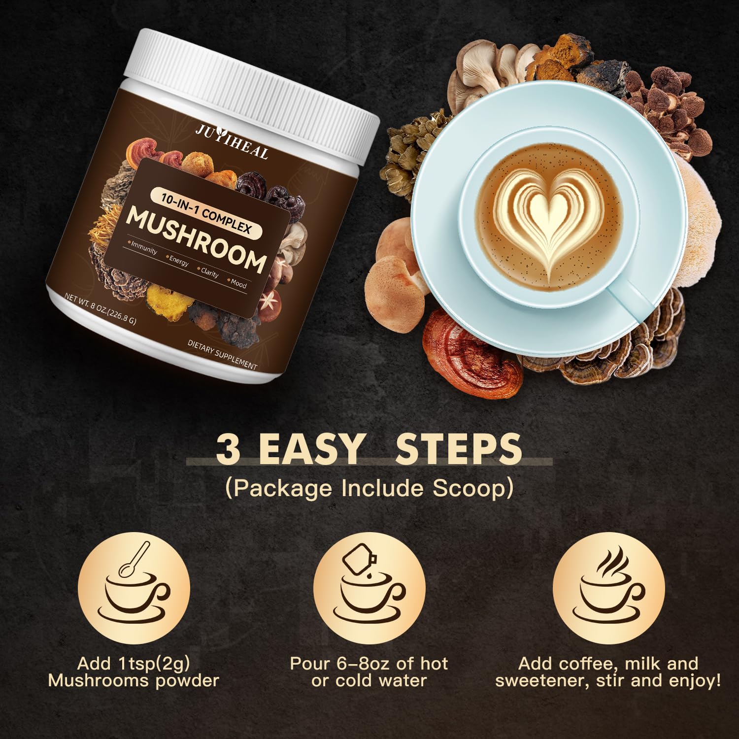 Stirring JUYIHEAL powder into coffee for a daytime boost.