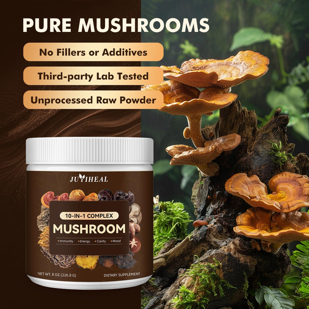 JUYIHEAL 8-ounce bottle label highlights natural, non-GMO mushroom blend for daily wellness.