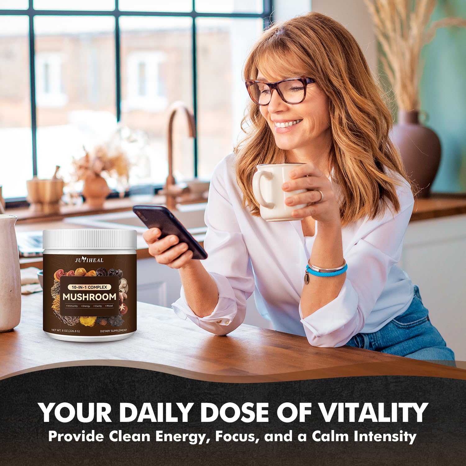 Cup of tea or smoothie with JUYIHEAL mushroom powder for immune support.