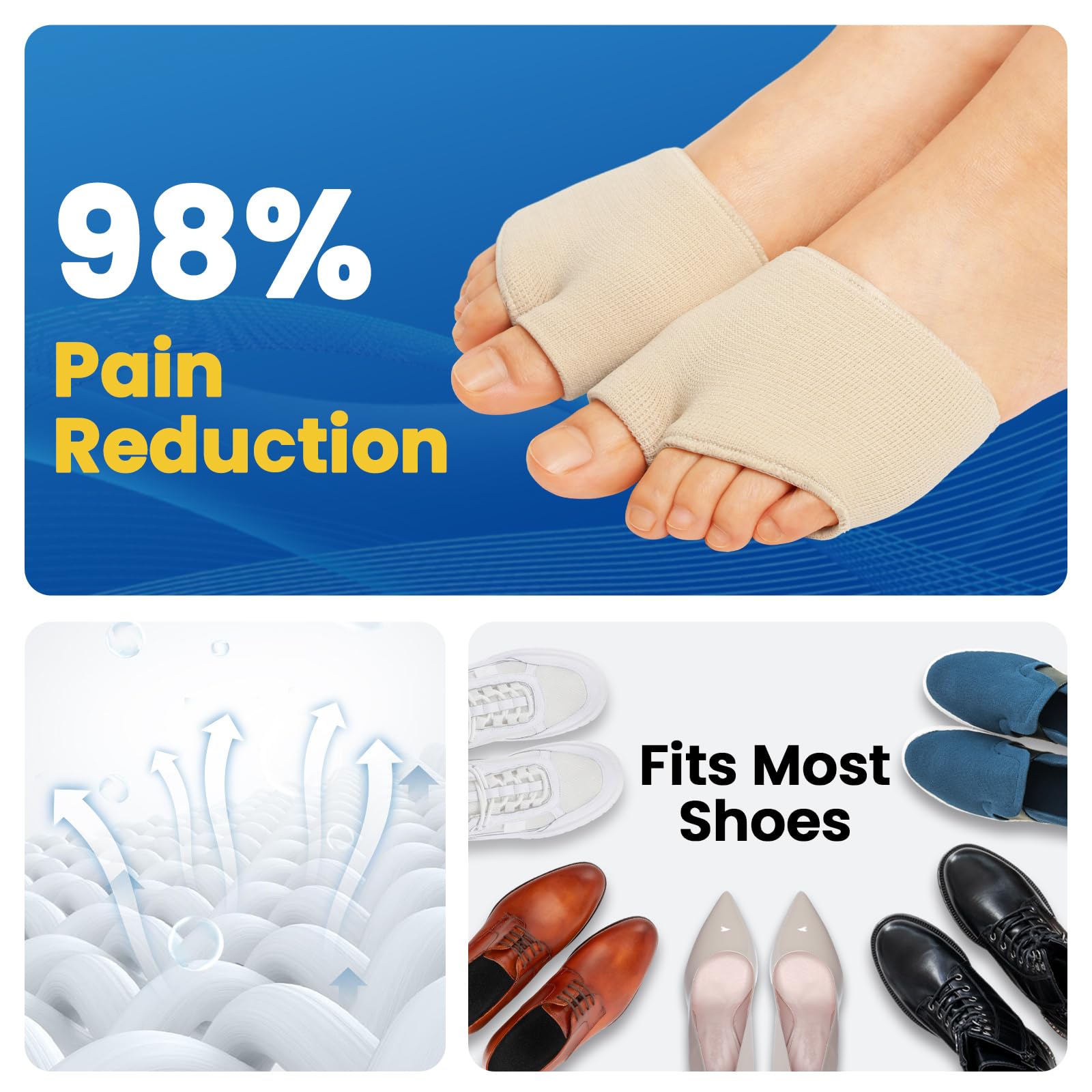 JWHOO metatarsal pads placed inside a shoe for discreet ball‑of‑foot support