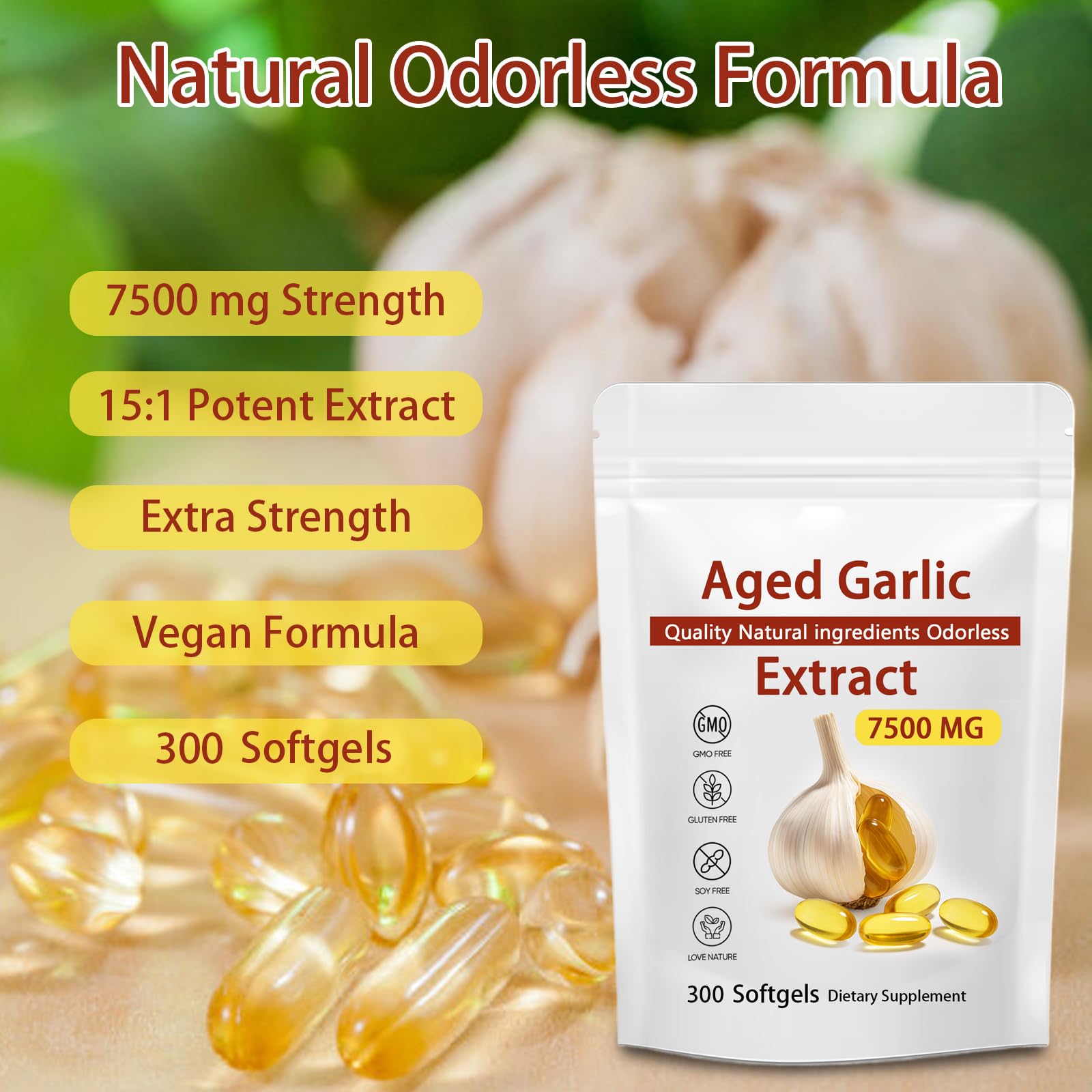 JXSVR aged garlic softgels close-up showing small, easy-to-swallow capsules