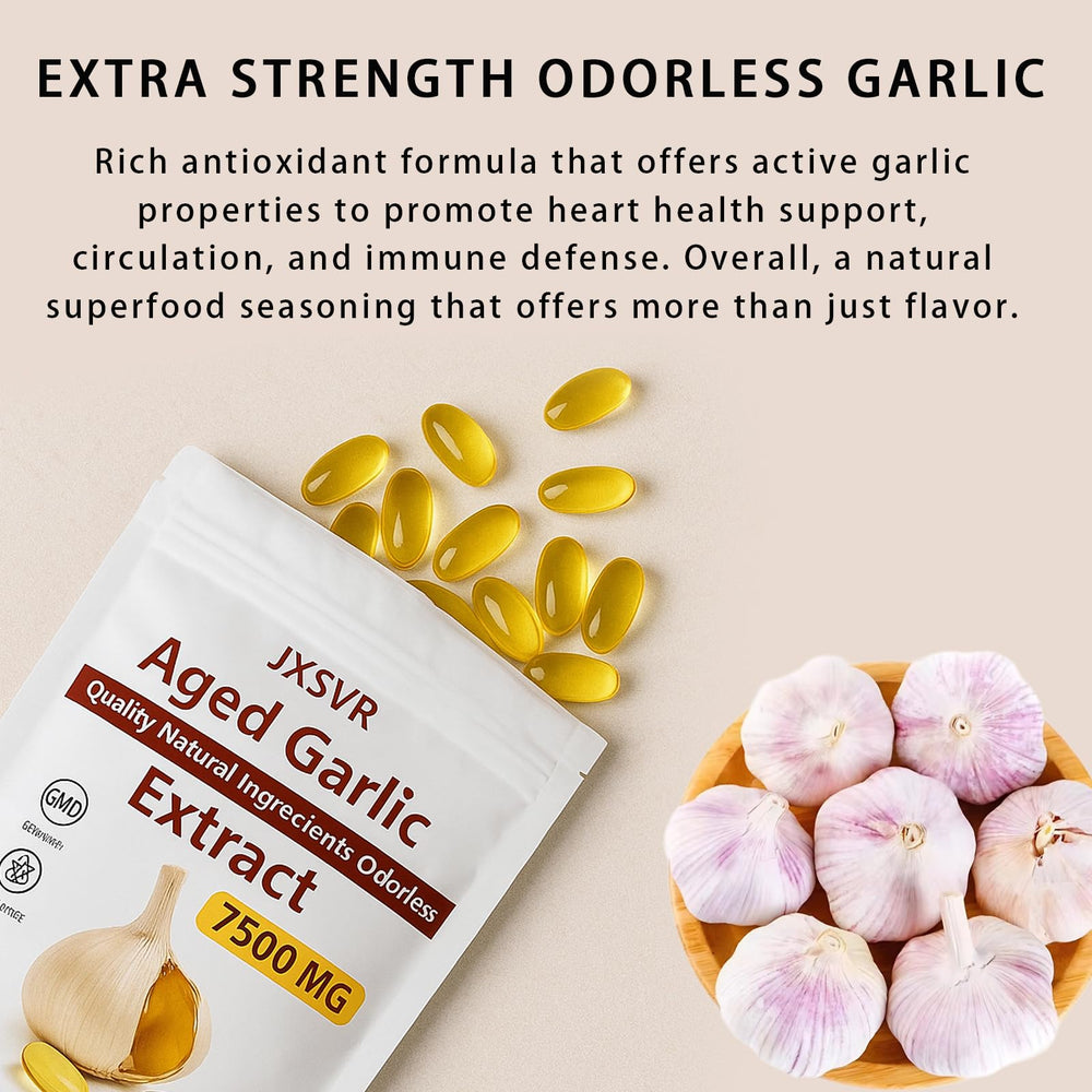 JXSVR aged garlic extract label emphasizes odorless technology, gluten-free, and non-GMO