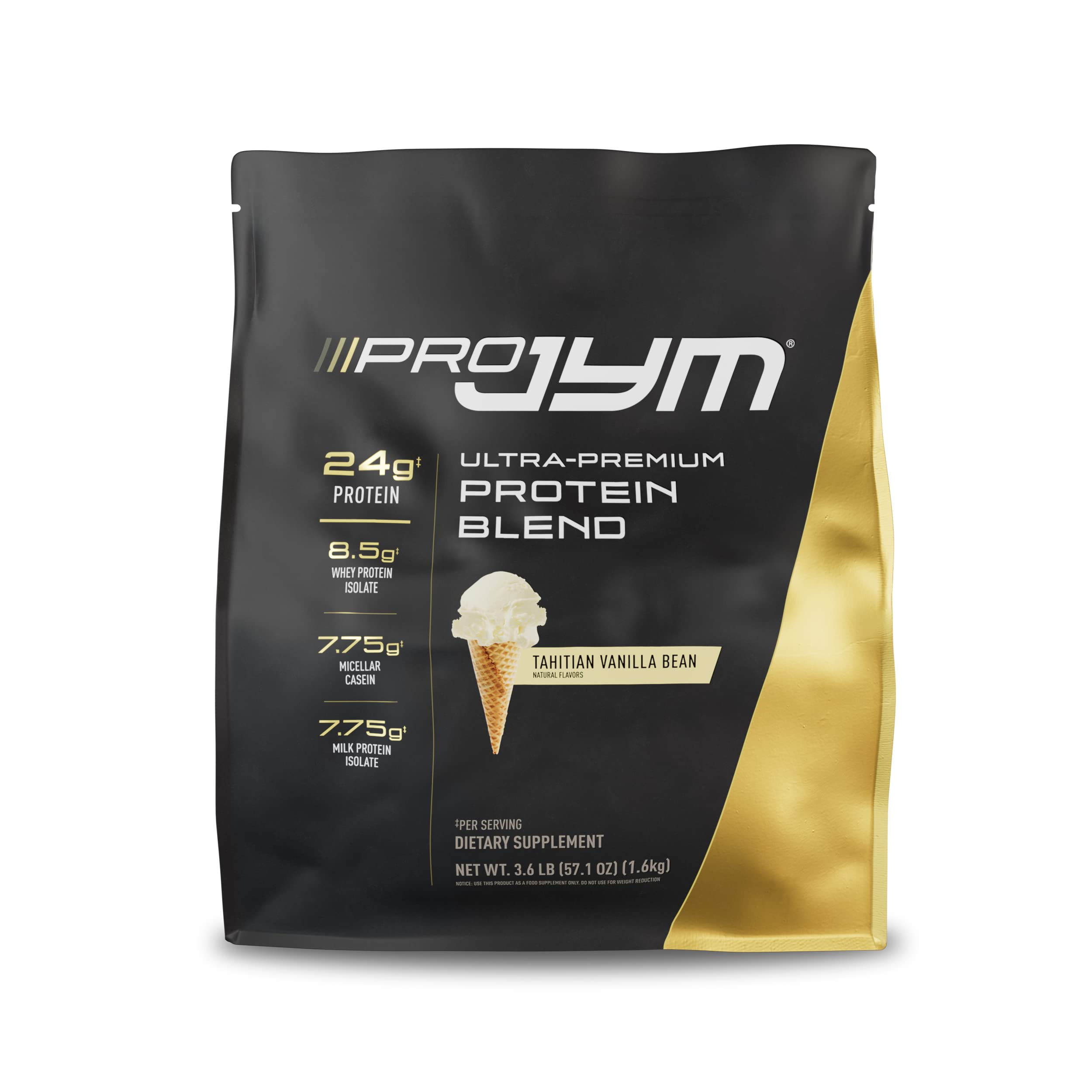 JYM Pro JYM Tahitian Vanilla bottle showing versatile protein blend for muscle support