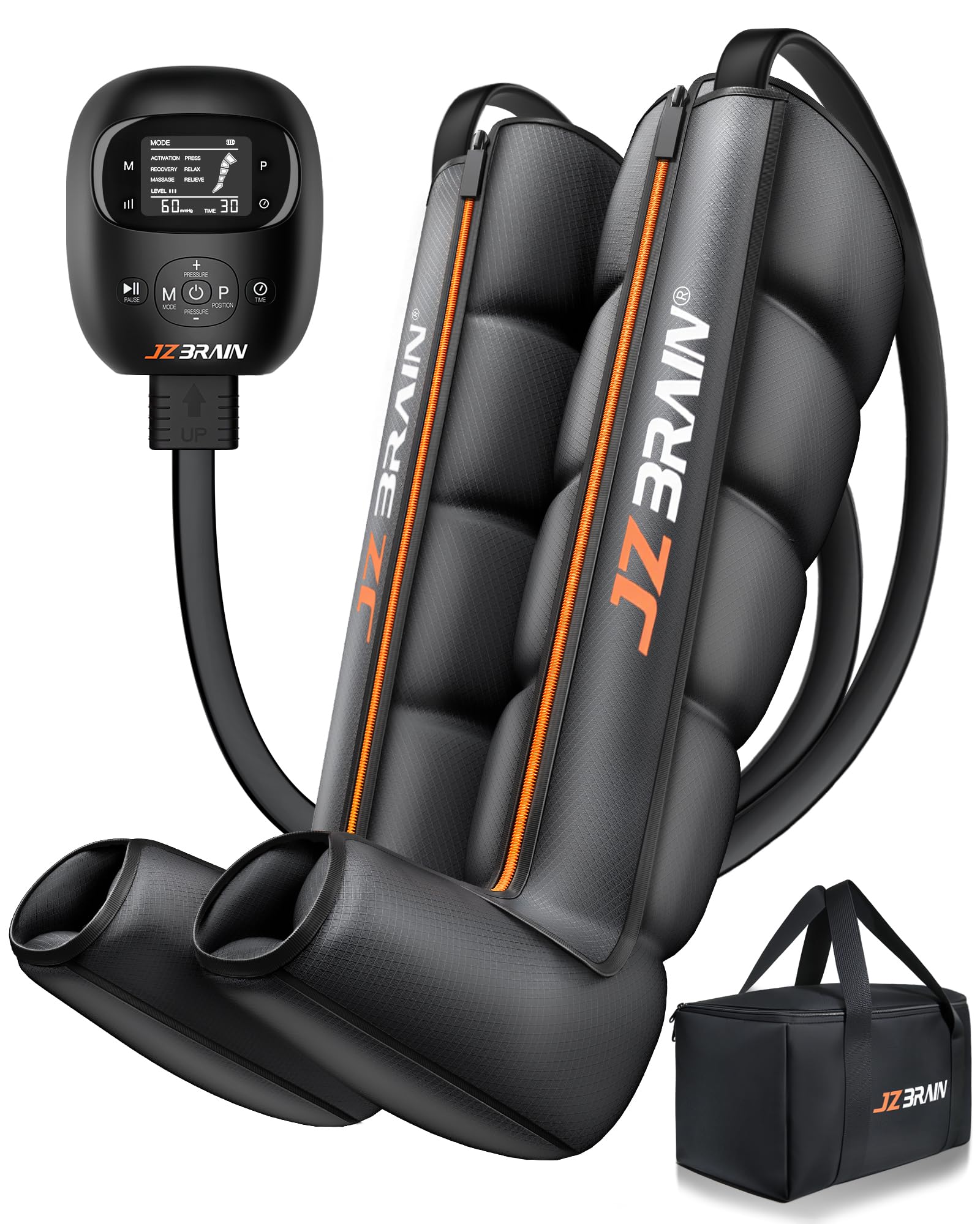 JZBRAIN air compression boots worn on leg for full-leg recovery and comfort.