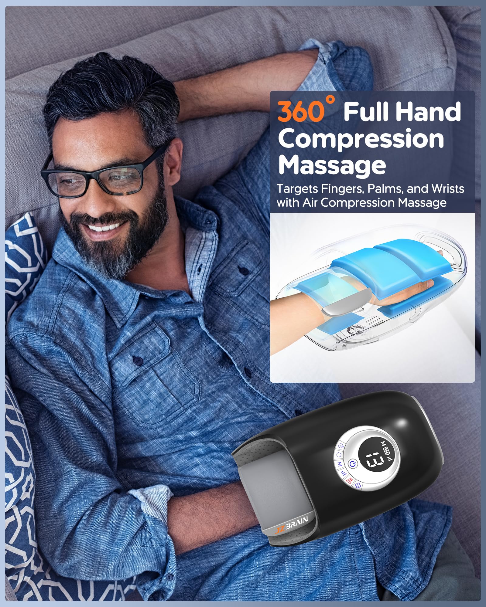 JZBRAIN Hand Massager side view shows portable, space-saving design
