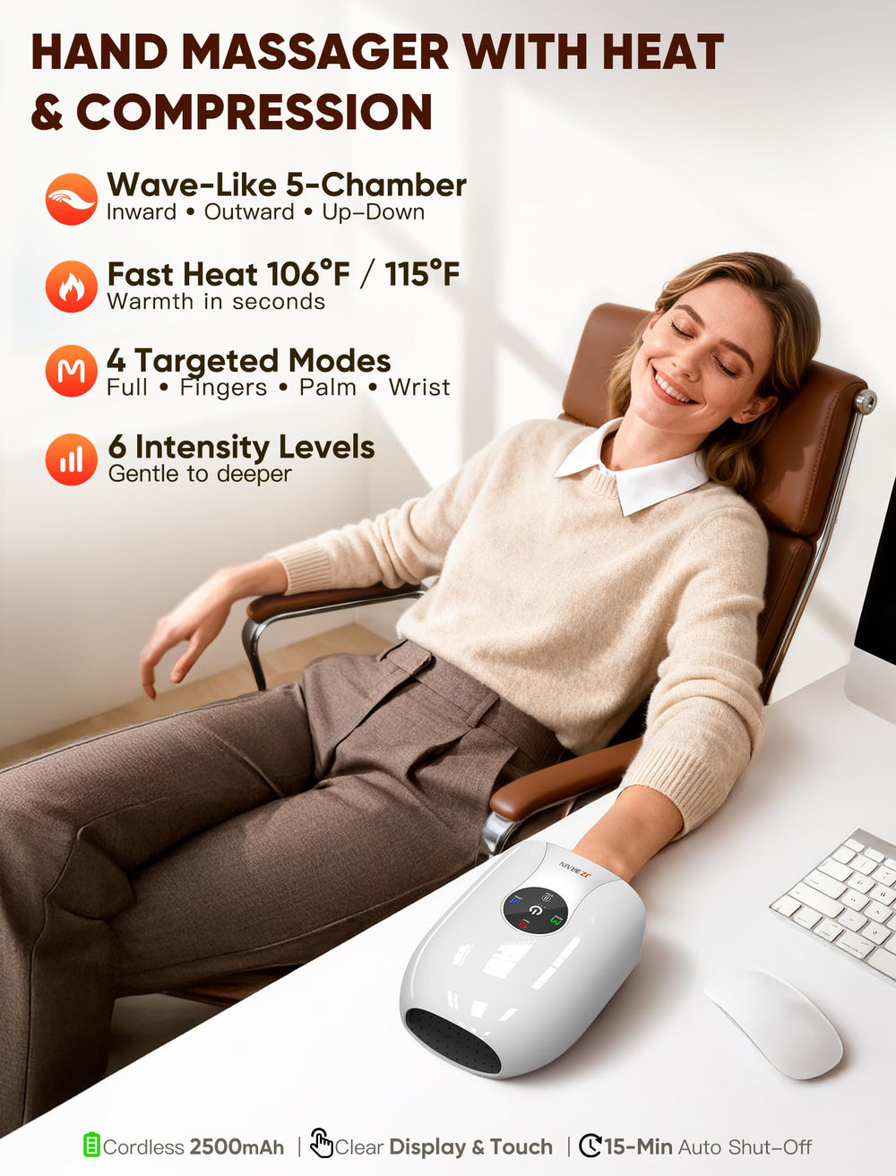 JZBRAIN hand massager heat levels 104°F and 122°F for relaxing hands.