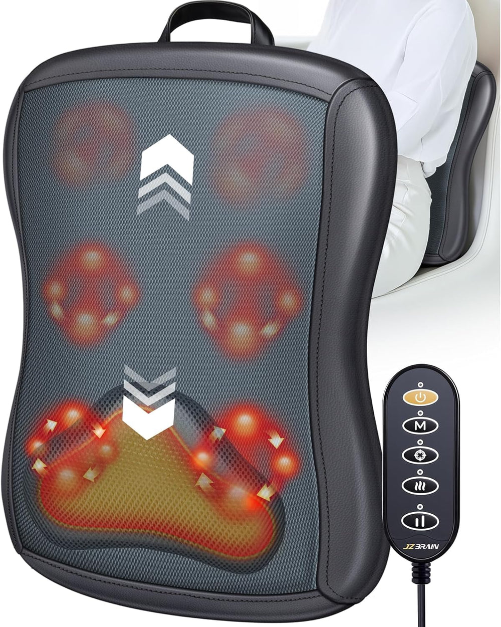 JZBRAIN Shiatsu Back Massager with Heat in front view provides quick, comforting relief for tense back muscles.