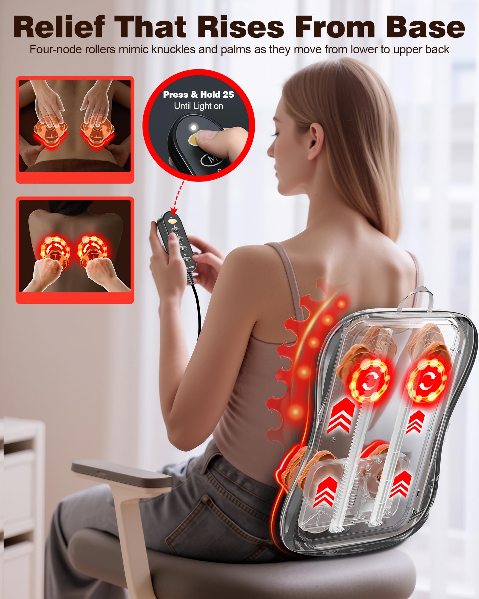 JZBRAIN Shiatsu Back Massager with Heat rolling action demonstrates deep tissue massage on the spine area.