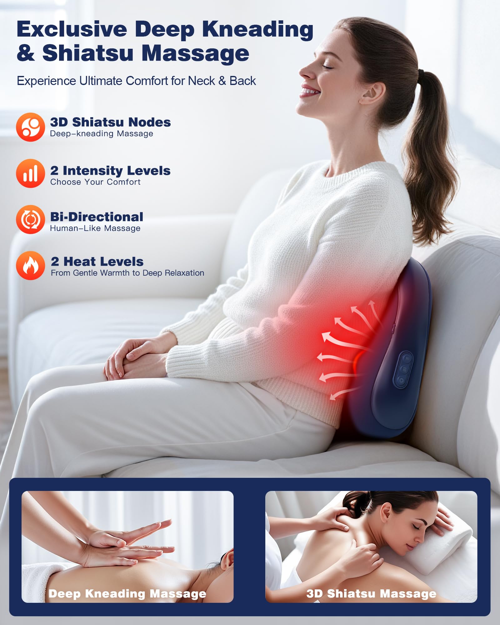 JZBRAIN Shiatsu massager features four deep kneading nodes for rhythmic pressure.
