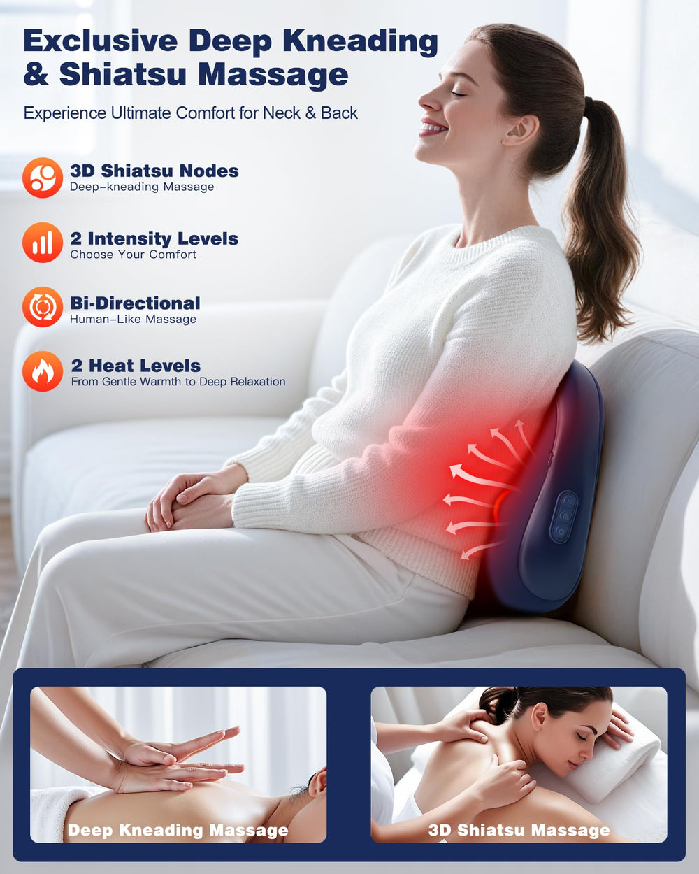 JZBRAIN Shiatsu massager features four deep kneading nodes for rhythmic pressure.