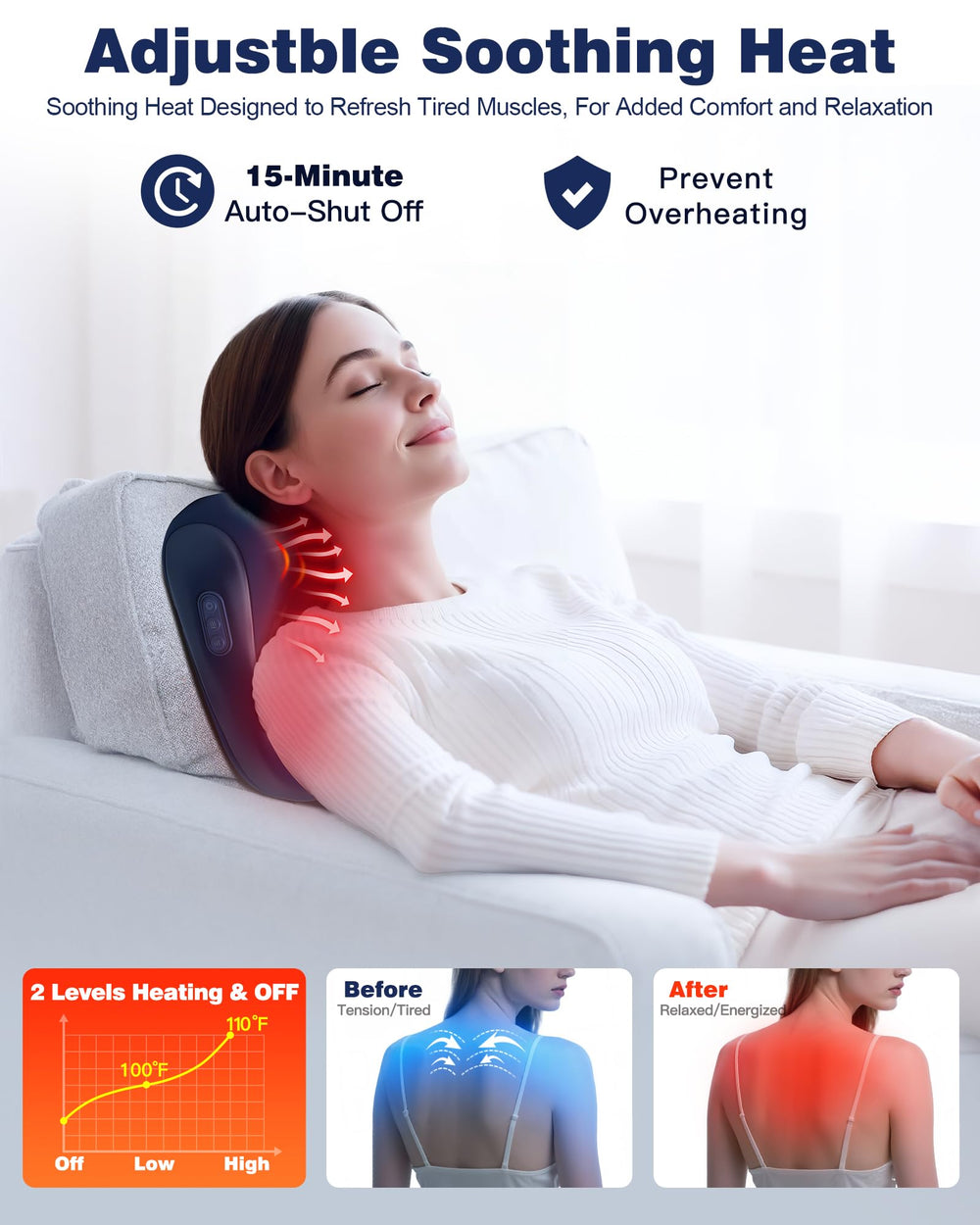 JZBRAIN Shiatsu massager heat function delivers gentle warmth for relaxation.