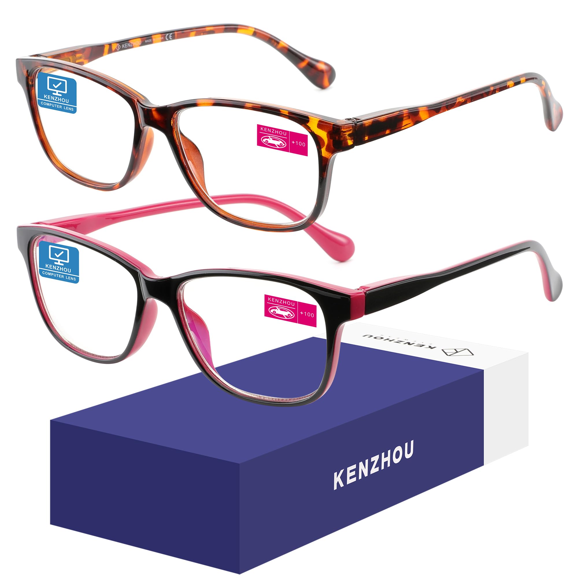 K KENZHOU blue light glasses worn by a woman at a desk, reducing eye strain during work