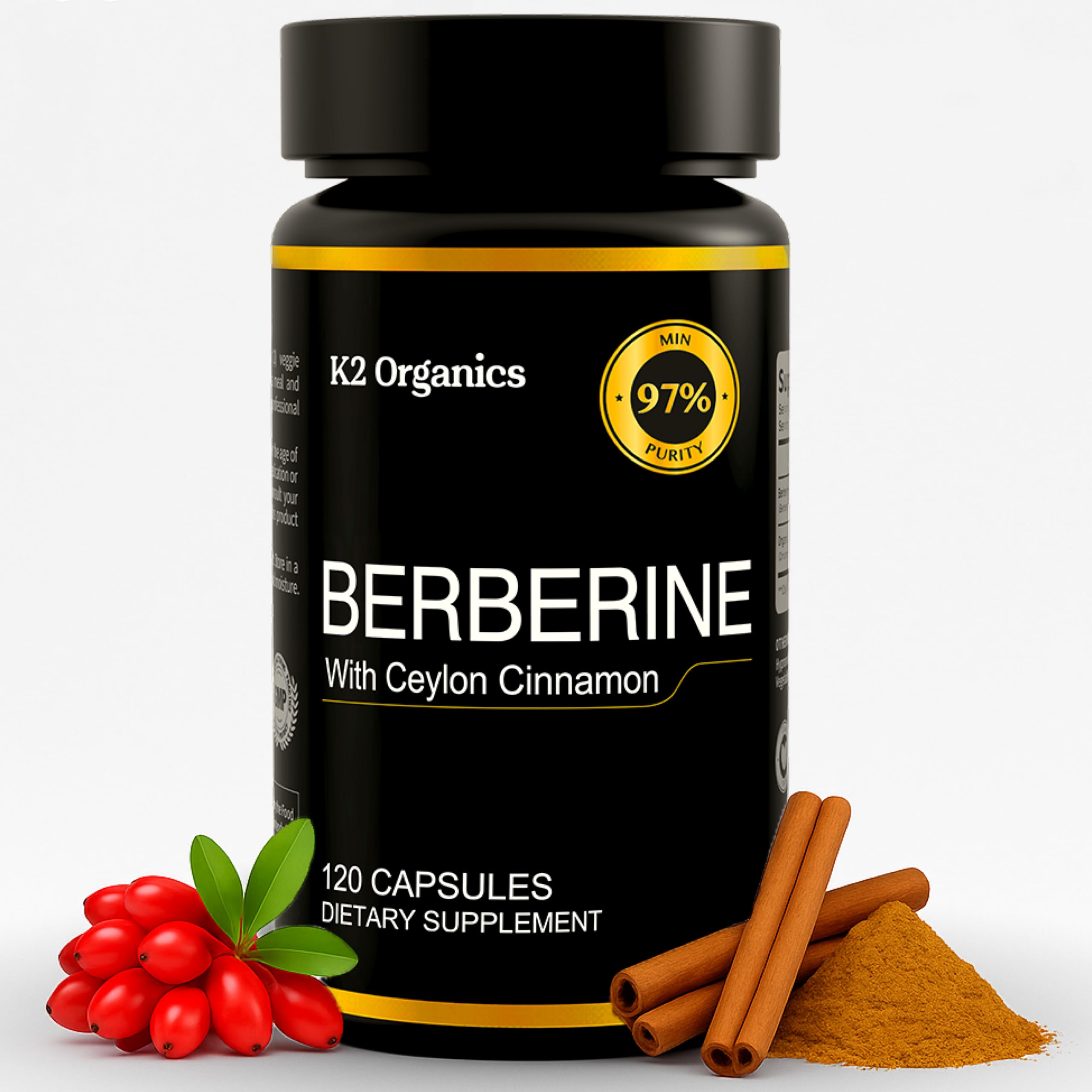 K2 Organics Berberine Cinnamon bottle front for daily wellness support